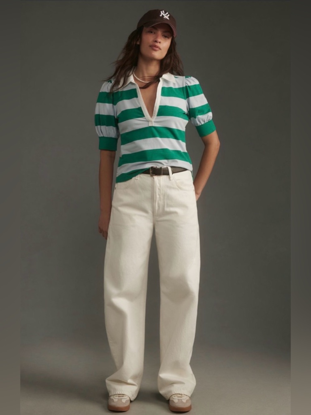 Anthro Maeve Puff Sleeve Green Blue Stripe Rugby Polo Shirt Top NWT - Picture 3 of 15